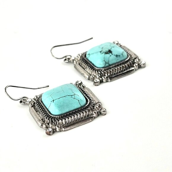 Faux Turquoise Silver Tone Drop Earrings Square Western Boho Statement - Picture 2 of 5